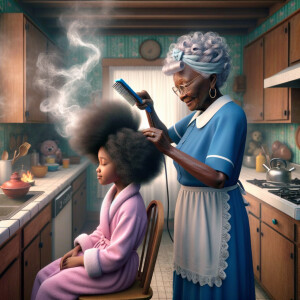 Create a realistic 3-D image of an african-American grandmother wearing a blue house dress and a white apron . She is in the kitchen with her african-American granddaughter. Her granddaughter is wearing a pink bath robe. The grandmother has a hot comb in her hand and she is straightening her granddaughters hair. One side of her granddaughters hair is in  a Afro the other straight 
There is smoke coming from the hot comb
The granddaughter is making a face