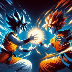 Goku and Vegeta showcasing their signature moves in a dynamic ba...