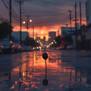 Create an image of a sunset in Los Angeles after a rain shower w...