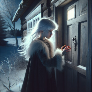 A girl with white hair knocks on a house with no light at night...