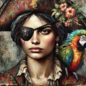 Rustic vintage portrait of a pirate with one eye patched with a...