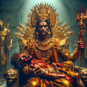 portrait of angry looking goddess durga sitting on a gold crown...