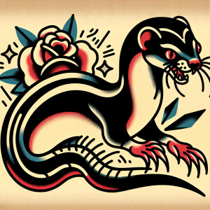 weasel in a rat fink style in an old school tattoo style