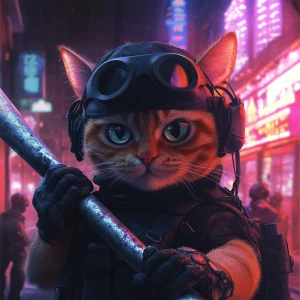 A wide-eyed ginger cat wearing a black tactical balaclava (or ma...