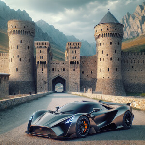 Imperia and castle with hypercar in Dagestan