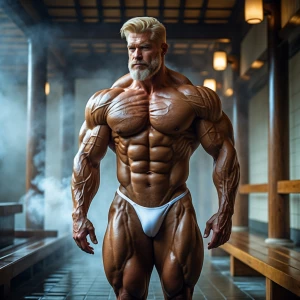 A hyper-realistic image of a muscular, mature bodybuilder man wi...