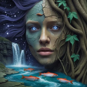 Depict a surreal portrait of a person whose flowing hair transfo...