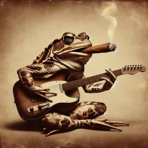 A toad smoking a cigar while expertly strumming an electric guit...