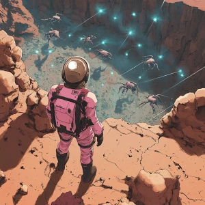 A lone female astronaut in a slightly damaged, high-tech pink sp...