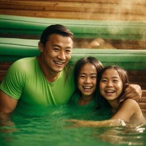 dad, mom, boy, girl are having fun in the sauna. they are smilin...