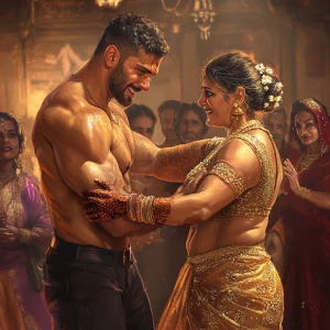 Digital art HD,A muscular, sweaty man joyously celebrates Diwali...