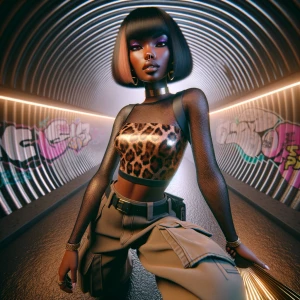 3D glam LED-style African American woman with blunt bob and leop...