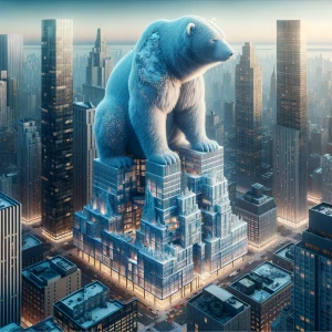 Create a 3D image of a building designed in the shape of a big...