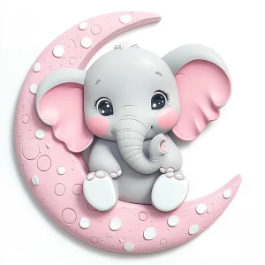 A cute, cartoon elephant sits on a stylized, rosy-pink crescent moon. The elephant is light gray with large, round, pink-spotted ears.  Its body is round and its trunk is curled gently upward.  The elephant's eyes are large and round, and its facial expression is happy and friendly. The elephant's legs and feet are visible, and its posture is relaxed, sitting. The moon is a soft, shaded pink, with watercolor-like texture and subtle shading. The background is white. The image is in a child-friendly style, showcasing delicate line work and color palettes. The composition is centered on the elephant, which is positioned on the moon. The overall style is sweet, whimsical, and reminiscent of children's book illustrations.  The colors are pastel and soothing, creating a gentle atmosphere.  Small, white polka dots accentuate the elephant's ears and trunk, enhancing the adorable aesthetic.