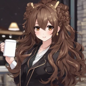 Chica anime cabello largo castaño rizado oscuro y ojos cafés osc...