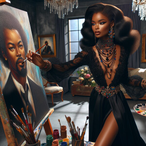In a high-class, elegantly decorated studio, a very light-skinne...