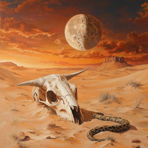 Prompt: Vast, desolate desert landscape at dusk, Half moon hangi...