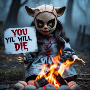 Creepy beautiful  doll with burlap mask that makes her look evil...