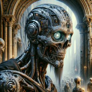 A digitally enhanced draugr, exuding a futuristic aura amidst an...