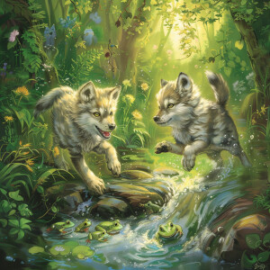 Wolf puppies are running past a group of frogs.