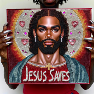 A 3D realistic artwork featuring the phrase 'Jesus Saves' adorne...