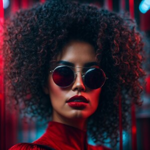 Latina woman, red lips, lush curly hair, close-up of face