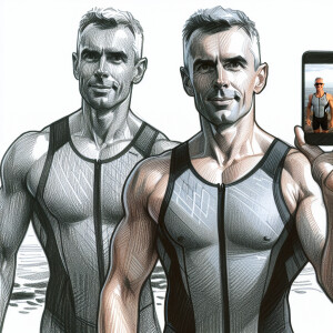 Idealized posed fit Caucasian triathlete male couple, father and...
