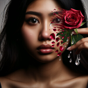 A young lady crying,  as her tears fall they form a rose