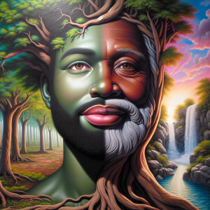 A hyper-realistic 3-D oil painting depicting a tree integrated w...