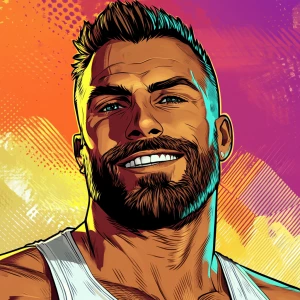 White muscular thin man with beard, big chin, smile and cheekbon...