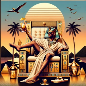 A laid-back Pharaoh lounging on a golden throne, wearing a Nemes...