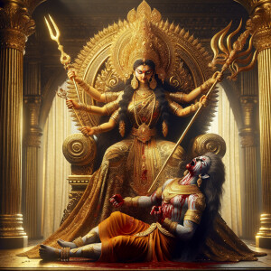 photograph of angry looking goddess durga sitting on a gold crown and carrying a weak mahishasur on her lap and stabbing him with her amazingly designed trident. She is wearing gold armor, a huge gold crown, gold saree, abundant  gold jewelry, covered in blood. The scene is set in ancient India. The image is 8K resolution, cinematic, ultra detailed face and epic.