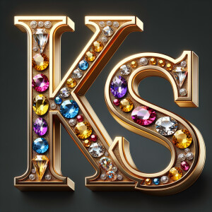 Create a 3-D realistic image with the letters  K.S. in gold raised letters , Add diamonds and colorful jewels