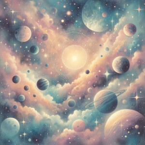 A celestial and mystical space all over print, stars and planets...
