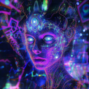 Create an image of a bioluminescent, Aries-themed female figure...