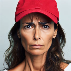 A middle-aged woman with a furrowed brow and perplexed expressio...