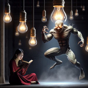 Malevolent sentient light bulb with arms and a sinister expressi...