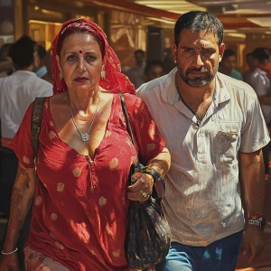 Photorealism,realism.A sweaty beefy man walking with his 54 year...