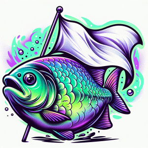 Cute Purple and neon green piranha
Holding white flag with a big...