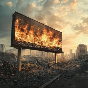 A large empty billboard engulfed in flames, dominating the foreg...