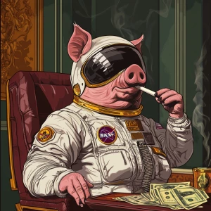 Cute cartoon pig in vintage white spacesuit and NASA style helme...