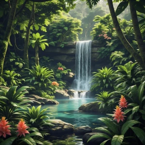 Render a rainforest clearing with dense foliage, a crystal-clear...