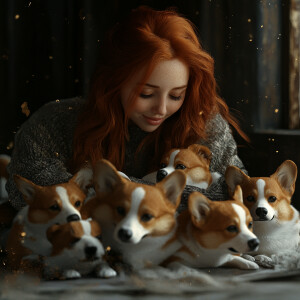 Create a realistic 4d image of a dark redhead playing with a gro...