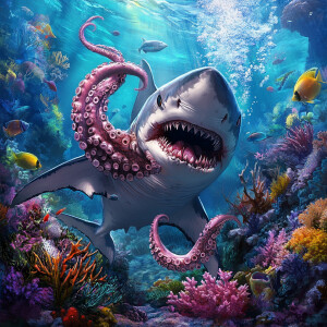 Visualize a Sharktopus, merging the sleek body of a shark with t...