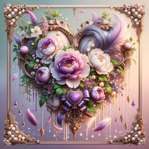 Picture an opulent heart-shaped frame adorned with pearls and go...