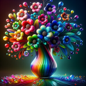 A vibrant and whimsical bouquet of glossy, multicolored flowers, each petal radiating joy in a spectrum of red, pink, blue, purple, orange, and yellow hues, assembled in a reflective, curved glass vase. The stems and leaves are rendered in rich, lifelike greens, contrasting beautifully with the brightly hued petals. The vase, positioned on a dark surface, holds a magical arrangement where the lower half is filled with layers of sparkling, jewel-toned crystals, creating a rainbow gradient from green to blue to fiery orange. Each flower seems to have a character of its own, contributing to a cheerful and enchanting composition that exudes the essence of a dreamy, enchanted garden.