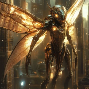 A majestic alien hybrid with a shimmering bronze-colored exoskel...