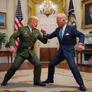 Trump dressed as general,,fights Biden in White House, GTA style...
