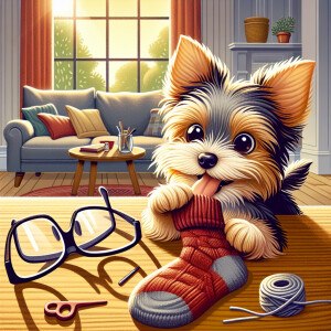 A charming and amusing illustration of a playful yorkie puppy st...