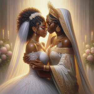 Imagine a hyper-realistic oil painting that captures a tender moment between theAfrican American bride and her God. The setting is intimate and filled with soft, warm lighting that enhances the emotional depth of the scene. The bride, in herexquisite wedding gown, shares a heartfelt embrace with her african-American Lord Jesus , who is dressedin an elegant outfit that complements the wedding's color scheme. Their expressions are full of love, pride, and joy, reflecting the special bond between them. Theattention to detail is paramount, from the intricate designs of their dresses to the subtle emotions conveyed in their facial expressions. The background is a blur ofgentle pastel hues, ensuring that the focus remains on this touching moment. Thispainting should convey the warmth, love, and depth of the relationship, with the rich textures and vibrant strokes characteristic of oil paintings, capturing the essence of this significant pre-wedding moment.